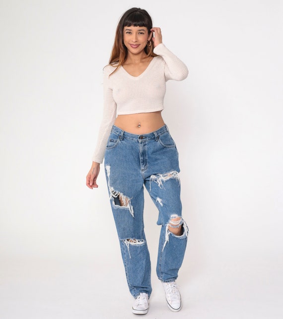 Ripped Lee Jeans 90s Blue Jeans High Rise Relaxed Tapered Leg Relaxed Distressed Denim Pants Retro Vintage 1990s 32 Medium Large