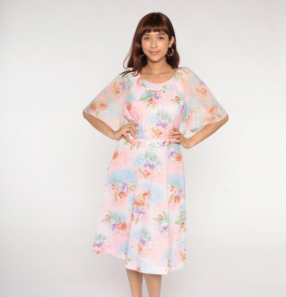 70s Pastel Floral Dress Pink Blue Rose Print Sheer Flutter Sleeve Belted Waist Midi 1970s Fairycore Cottagecore Party Dress Large L 12 14