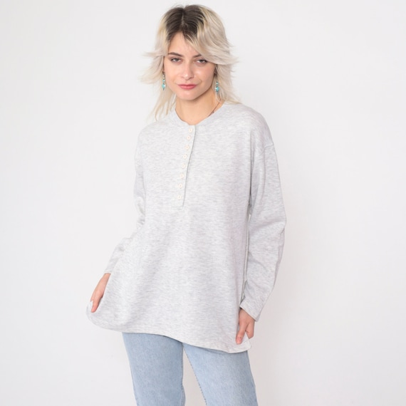 Heather Grey Henley Shirt 90s Button Up T-Shirt Pullover Long Sleeve Tee Basic Layering Top Vintage 1990s Medium