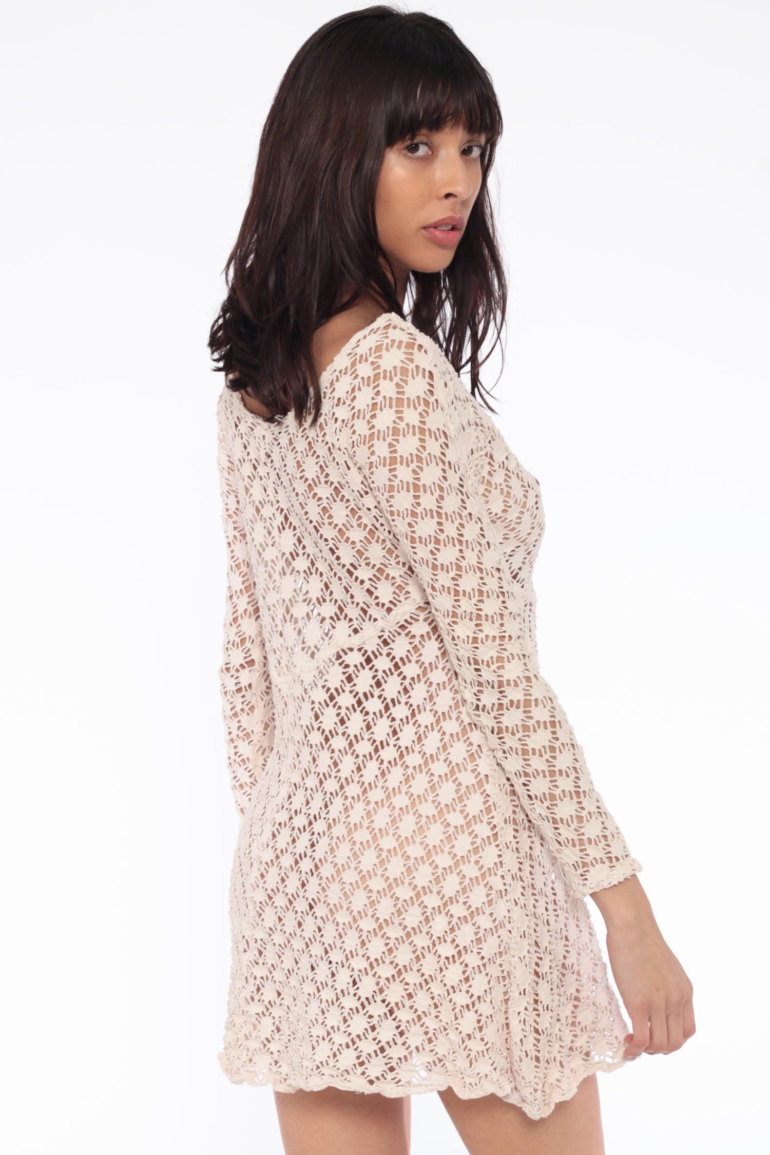Sheer Crochet Dress Sheer Beige Boho Hippie CUTWORK Mesh Dress 90s Micro Mini Cut Out 1990s 