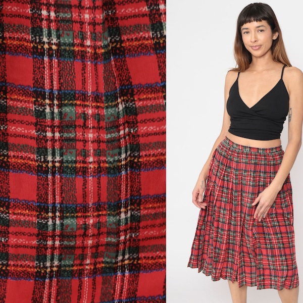 Plaid Silk Skirt 80s Pleated Midi Skirt Red Green Tartan High Waist Skirt School Girl Skirt Vintage 1980s Secretary Skirt Retro Small s