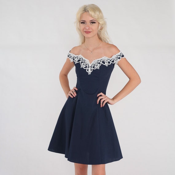 80s Party Dress Gunne Sax Mini Dress Navy Blue White Floral Lace Trim Off Shoulder Fit and Flare Formal Prom Cocktail Vintage 1980s 2xs xxs