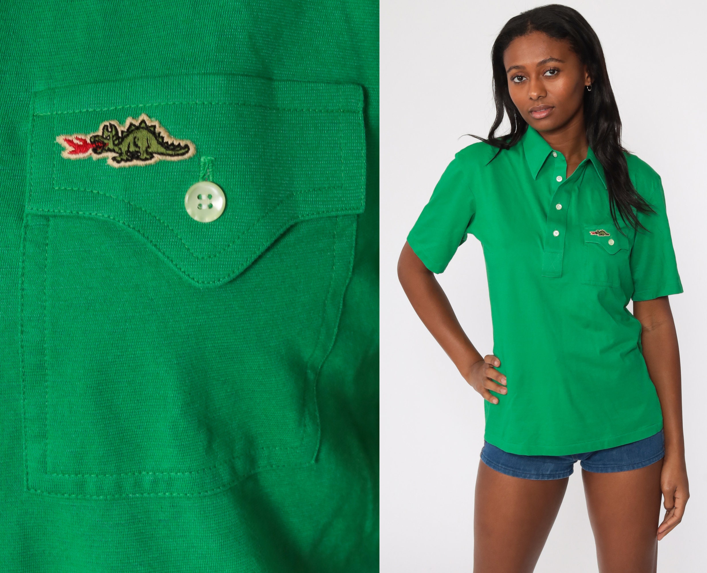 70s Polo Shirt Green Dragon Button up 