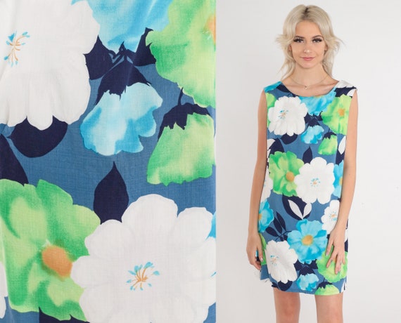 60s Floral Dress Mod Mini Shift Dress Flower Leaf Print Sixties Day Dress Sleeveless Minidress Retro Blue Green White Vintage 1960s Medium M