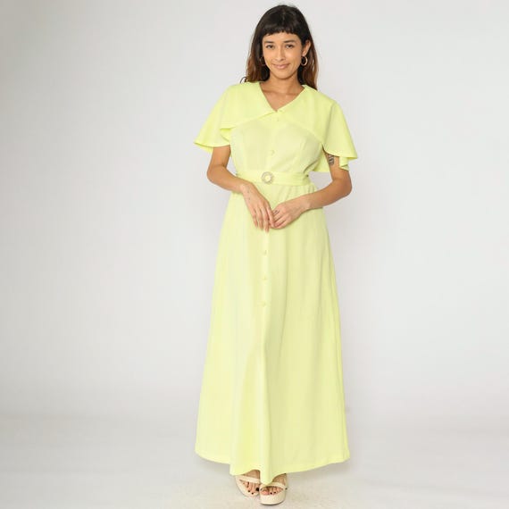 Vintage 70s Yellow Capelet Gown Grecian Maxi Dress Party Ruffle Flutter Sleeve Long Goddess Formal Cocktail Prom V Neck Belted 1970s Large L