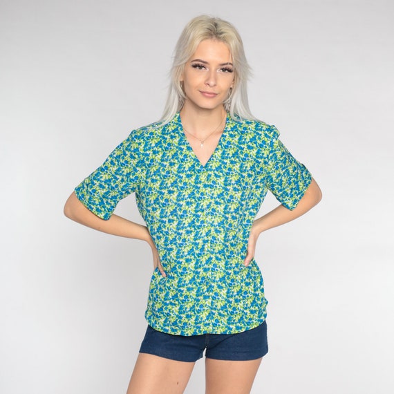 70s Floral Blouse Blue Green Button Up Shirt Rose Flower Print Top Retro V Neck Short Sleeve Summer Bohemian Seventies Vintage 1970s Large L