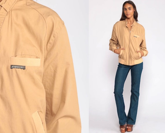 Members Only Jacket 80s Bomber Windbreaker Tan Cafe Racer Moto Hipster Epaulette Coat Vintage 1980s Lightweight Medium Large