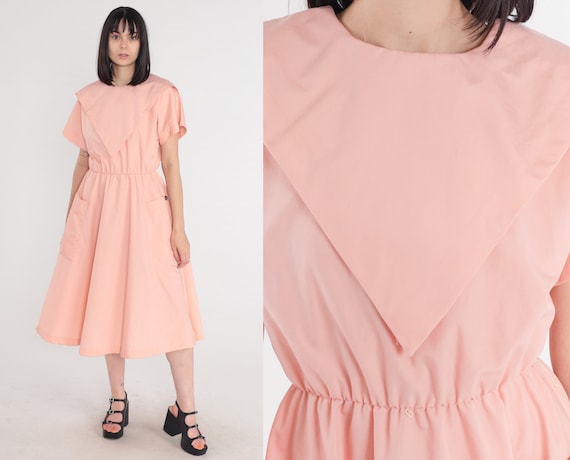 Pink Midi Dress 80s Day Dress Simple Basic Plain High Waisted Short Sleeve Summer Casual Girly Retro Cotton Pocket Vintage 1980s Medium M
