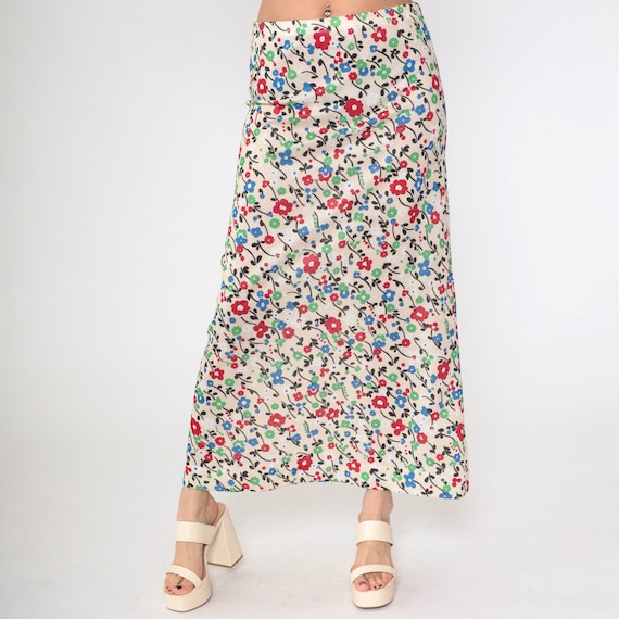 Floral Bohemian Skirt Maxi 70s Long Skirt High Waist Hippie 1970s Boho Vintage Bohemian Retro Cream Red Green Blue Medium