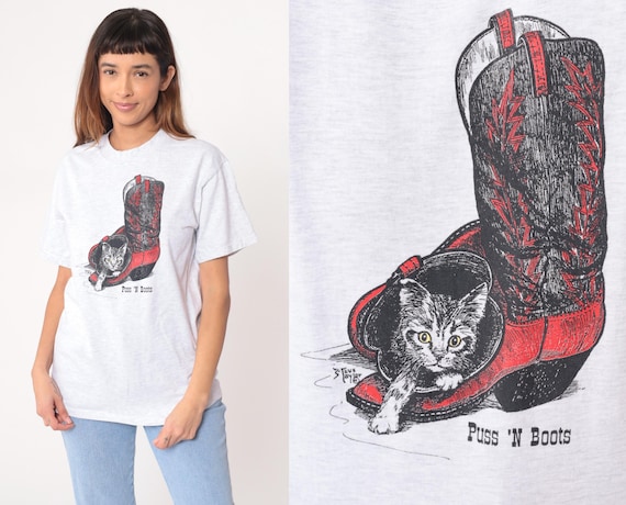 Puss N Boots Tee 90s Cat Kitten Cowboy Boot White Cotton Hanes Beefy T Shirt Vintage Western Kitty Animal Novelty Short Sleeve Medium M