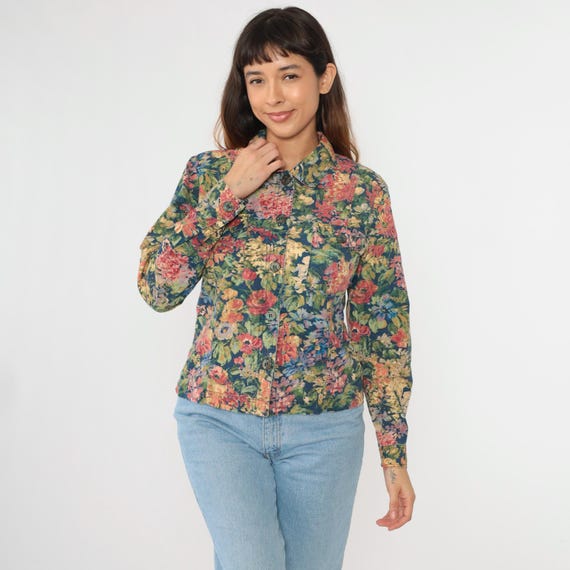 Y2k Floral Blouse Button up Shirt Long Sleeve Collared Top Watercolor Flower Print Chest Pocket Boho Cotton Vintage 00s Medium