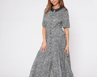 80s Mosaic Dress Black White Abstract Lace Collar Dress Midi Drop Waist  Granny Dress Button up Vintage Pocket Short Sleeve Small 6 Petite - Etsy