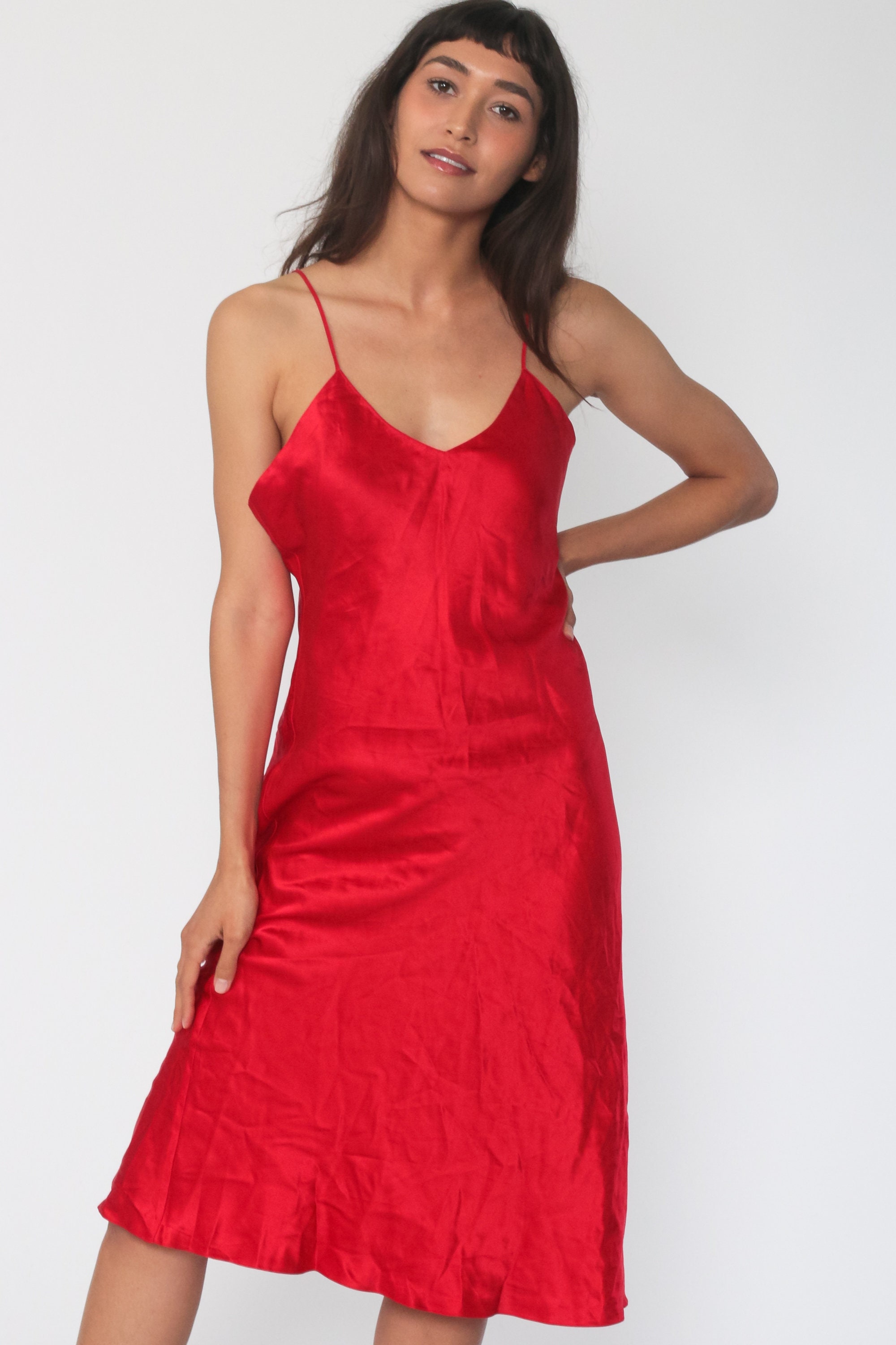 red silk slip dress