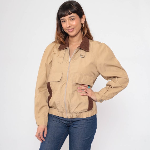80s Tan Jacket Corduroy Collar Windbreaker Raglan Sleeve Jacket Bomber Cargo Utility Pocket Sports Plain Zip Up Vintage 1980s Retro Medium