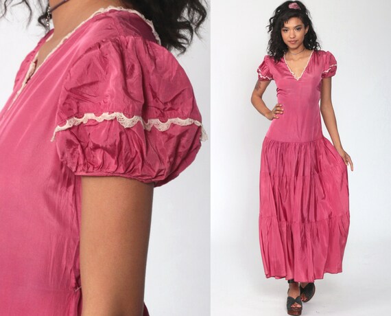 60s Party Dress Pink Puff Sleeve Maxi Dress Drop W