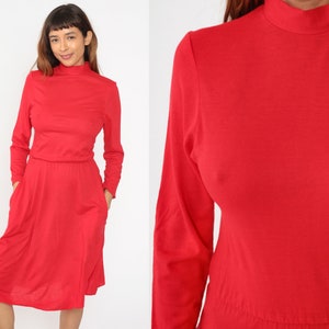 Red Acrylic Dress 70s 80s Mock Neck Midi Dress Long Sleeve Dress Pocket Low Waist Secretary Long Sleeve 1980s Vintage Plain Medium Large image 1