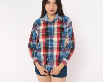 90s Plaid Flannel Shirt Blue Red Cotton Long Sleeve Button Front Denim Collar Chest Pocket Checkered Grunge Preppy Boyfriend Top Small S
