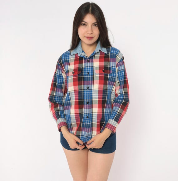 90s Plaid Flannel Shirt Blue Red Cotton Long Sleeve Button Front Denim Collar Chest Pocket Checkered Grunge Preppy Boyfriend Top Small S