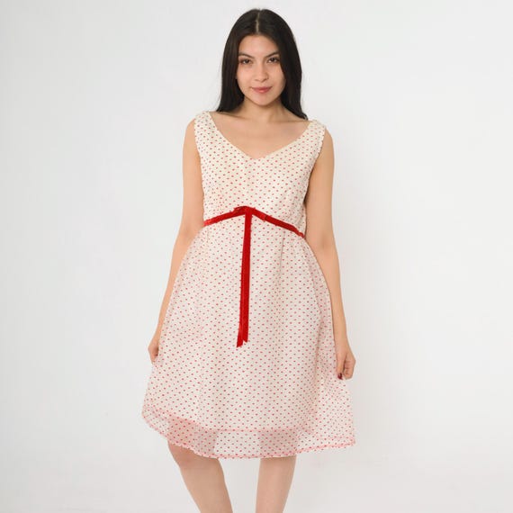 Vintage 60s White Party Dress Flocked Crown Dot Print Red Velvet Bow 1960s Sleeveless Formal Fit Flare Mini Empire Waist V Neck Medium M