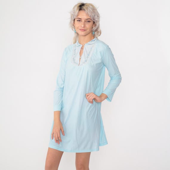 70s Pastel Pajama Dress Baby Blue Nightgown Embroidered Floral Nightie Long Sleeve Mini Lingerie Dress Nylon Boho Vintage Button Up Small 34