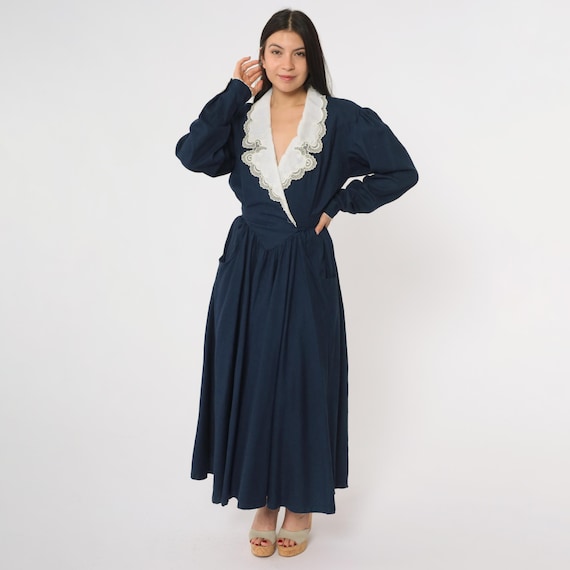 Gothic Prairie Dress 90s Navy Blue White Lace Collar Crochet Trim Long Sleeve V Neck Maxi Academia Dark Victorian Romantic Small Medium