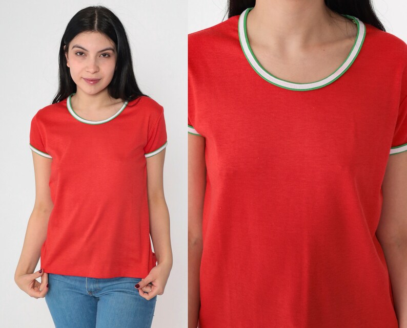 Red Ringer Tee 80s Scoop Neck T-shirt Retro Plain Single Stitch Tshirt ...