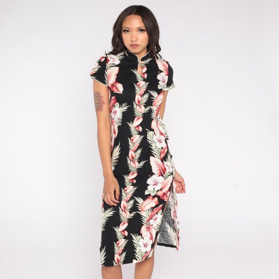 90s Black Floral Dress Young Hawaii Black Hibiscus Mandarin Collar Pink Palm Side Slit Keyhole Neckline Evening Resort Wear Small S