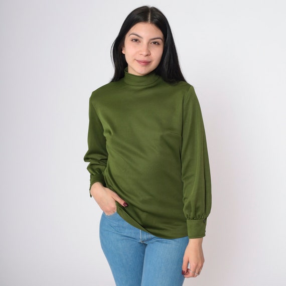 Vintage 70s Olive Green Top Mock Neck Western Style Top Rodeo Cowgirl Long Sleeve Decorative Stitching Retro 1970s Small S