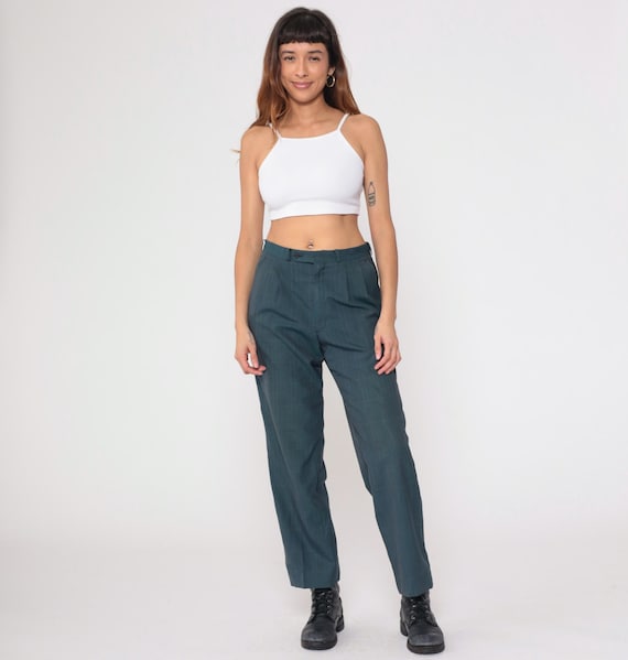 80s Plaid Pants High Waist Pleated Straight Leg Teal Gray Dark Academia Office Trousers Vintage Tailored Dress Pants Large L
