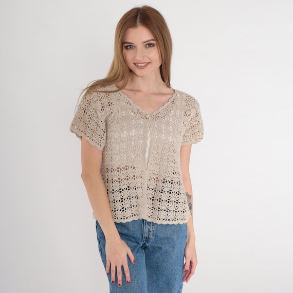 ニット・セーター KNITTED Open Collar Crochet Half Knit Tee MY643 Taupe Crochet Cardigan 90s Sheer Knit Sweater Top Short