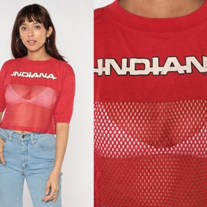 Indiana Shirt 80s Red Mesh Crop Top Sheer Cropped T-Shirt University Bloomington College Tee IU Hoosiers Festival Sexy Vintage 1980s Medium image 1