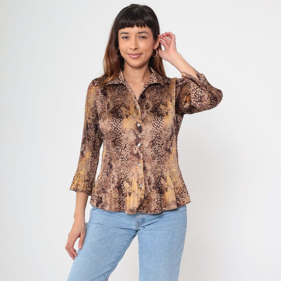 Snake Print Blouse Y2K Brown Python Print Button Front Bell Sleeves Vintage 2000s Animal Print Blouse Statement Polyester Maximalist Small S