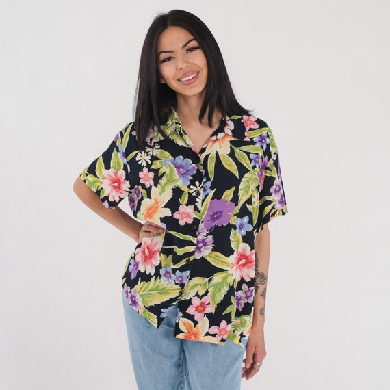 Tropical Floral Shirt 90s Hawaiian Button Up Blouse Black Flower Leaf Print Surfer Short Sleeve Top Retro Vintage 1990s Extra Large xl 16