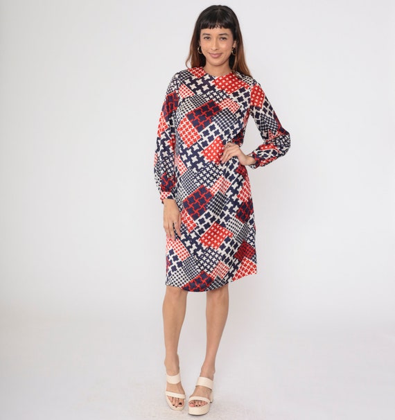 60s Mod Dress Patchwork Checkered Dress Red White… - image 2