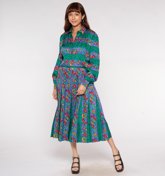 Silk Floral Dress 80s Adrianna Papell Green Purple Abstract Print Midi Long Sleeve Pleated Skirt Watercolor Drop Waist Tea Length Medium