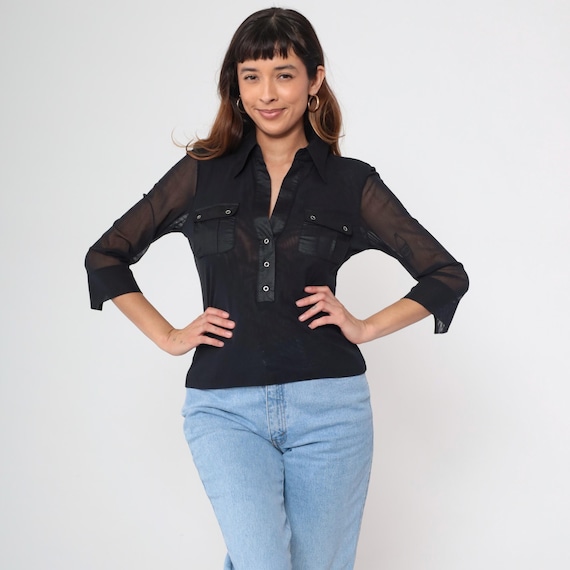 Vintage Sheer Mesh Shirt 90s Black V Neck Blouse Button Up Chest Pockets Semi-See Through 1990s Lightweight Nylon Top Y2K Medium Large