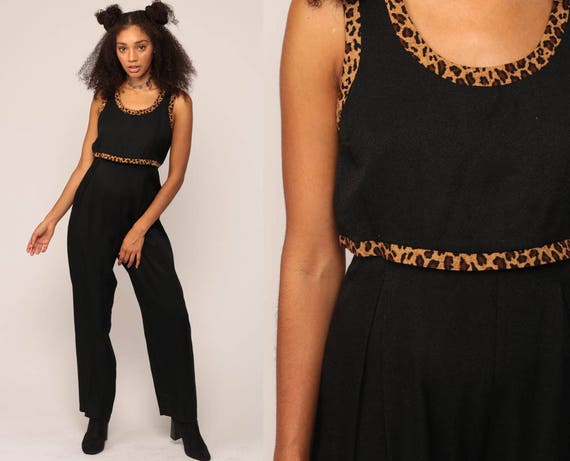 Black Jumpsuit 80s Pantsuit LEOPARD PRINT Party Vintage Animal Print Pleated Romper Pants 1980s High Waisted Onesie Retro Small Medium
