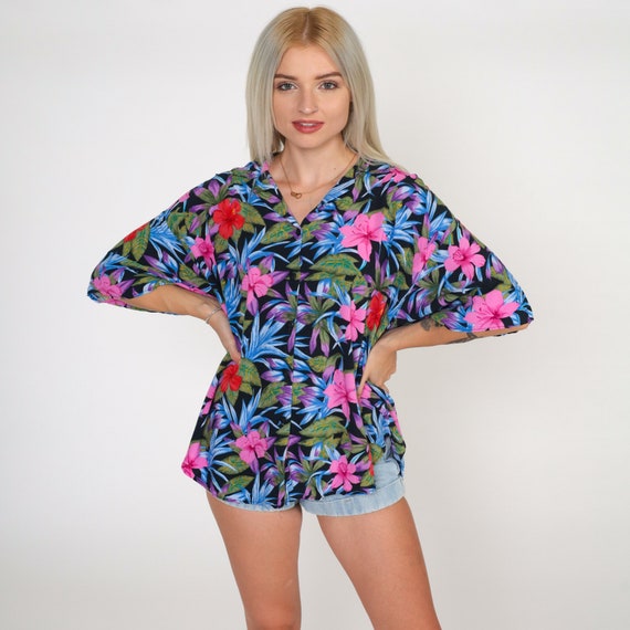 90s Tropical Shirt Black Hawaiian Blouse Pink Red Hibiscus Button Up 1990s Vintage Surfer Vacation Short Sleeve Retro Top Extra Large xl
