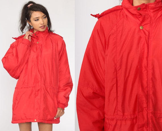 Hooded Puffer Jacket -- Red 80s Ski Jacket Retro Puffy Coat Winter Coat Hipster 1980s Puff Hippie Boho Extra Large xl