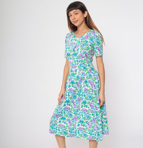 Vintage Floral Midi Dress 80s 90s Nordstrom Puff Sleeve Drop Waist Flower Print Button Up White Blue Green 1980s Summer Garden Small Petite