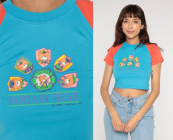 Fantasy Bear T Shirt 80s Cropped Shirt Blue Sailor Teddy Bear Graphic TShirt Crop Top Baby Tee Cute Kawaii Raglan Vintage 1980s 2xs xxs