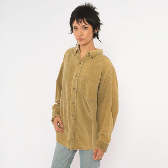 90s Corduroy Shirt Tan Button Front Cotton Long Sleeve Collared Chest Pocket Grunge Dark Academia Trails End Khaki Beige Unisex Large L