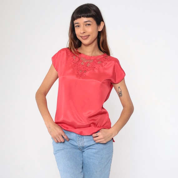 Embroidered Cutout Blouse 90s Coral Pink Satin Top Floral Cutwork Shirt Eyelet Cut Out Short Sleeve Scalloped Bohemian Vintage 1980s Medium