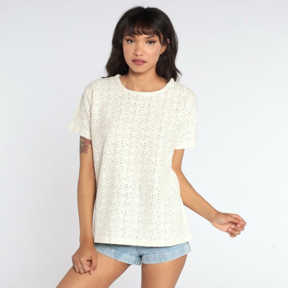 Sheer Lace Top Sheer Cream Blouse 80s Boho Hipster Short Sleeve Bohemian 1980s Floral See through Romantic Party 90s Medium