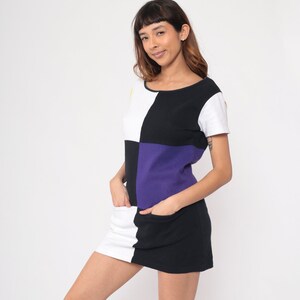 90s Color Block Dress Black Purple White Mini Dress Pocket Front Short Sleeve Party Dress Shift Ringer Vintage 1990s Small Medium image 5