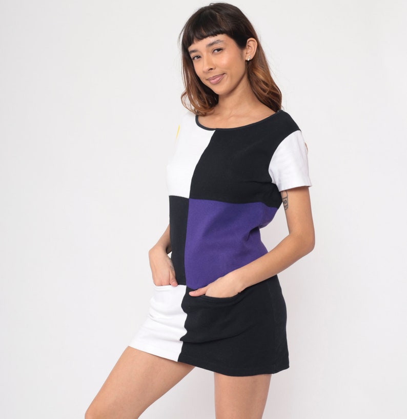 90s Color Block Dress Black Purple White Mini Dress Pocket Front Short Sleeve Party Dress Shift Ringer Vintage 1990s Small Medium image 5