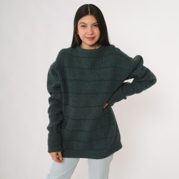 80s Wool Sweater Marshall Fields Fieldgear Dark Teal Green Horizontal Stripe Ribbed Knit Pullover Long Sleeve Oversized Preppy Vintage XL