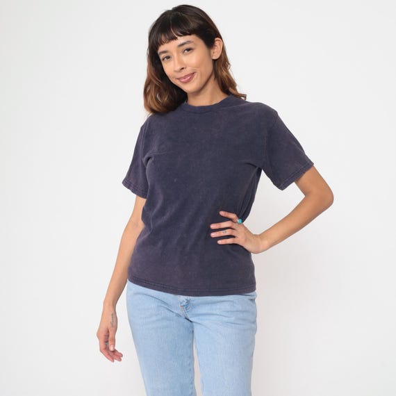 Navy Blue Tshirt Vintage 90s Cotton Soft Spun USA Basic Tee Short Sleeve Crew Neck Faded Distressed Grunge Streetwear Small S