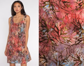 Tie Dye Dress Y2K Leaf Print Mini Dress Grunge Flowy Summer Sleeveless Sundress Hippie Psychedelic Pink Purple Blue Gold Vintage 00s Small S