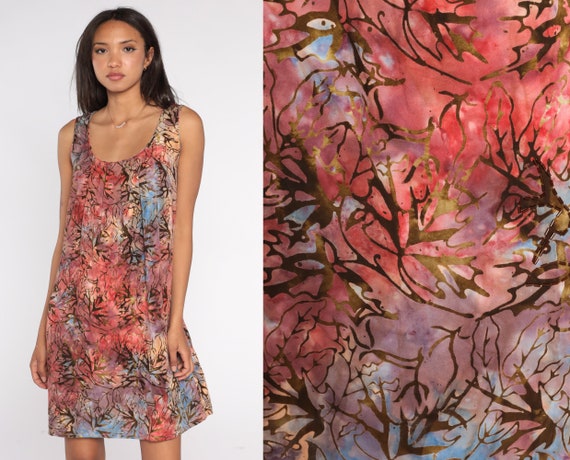 Tie Dye Dress Y2K Leaf Print Mini Dress Grunge Flowy Summer Sleeveless Sundress Hippie Psychedelic Pink Purple Blue Gold Vintage 00s Small S